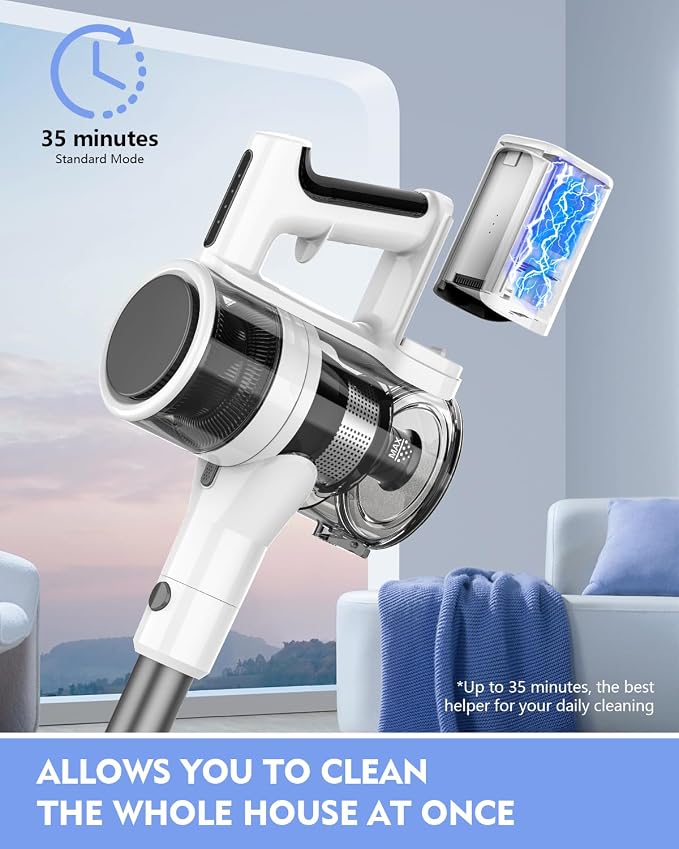 Comvtu Cordless Vacuums, 80,000PRM Powerful Motor Vacuum Cleaner and 2200mAH Rechargeable Battery up to 35 Mins Worktime, 2 Adjustable Modes, Detachable Parts, Wireless Stick Vacuum (Ballet White)