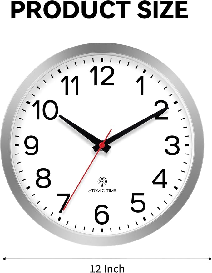 AKCISOT 12 Inch Wall Clock, Battery Operated Analog Clock, Silent Non-Ticking, Ideal for Bedroom, Bathroom, Kitchen, Office and School, Silver
