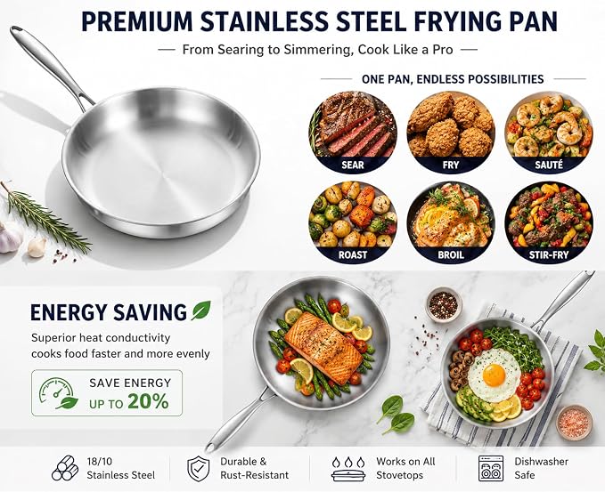 DELARLO Full Clad Tri-Ply Stainless Steel Frying Pan 8 inch | 18/10 Frying pan Heavy Duty Induction Skillet Compatible Up to 600℉ Fast and Even Heat Oven Dishwasher Safe