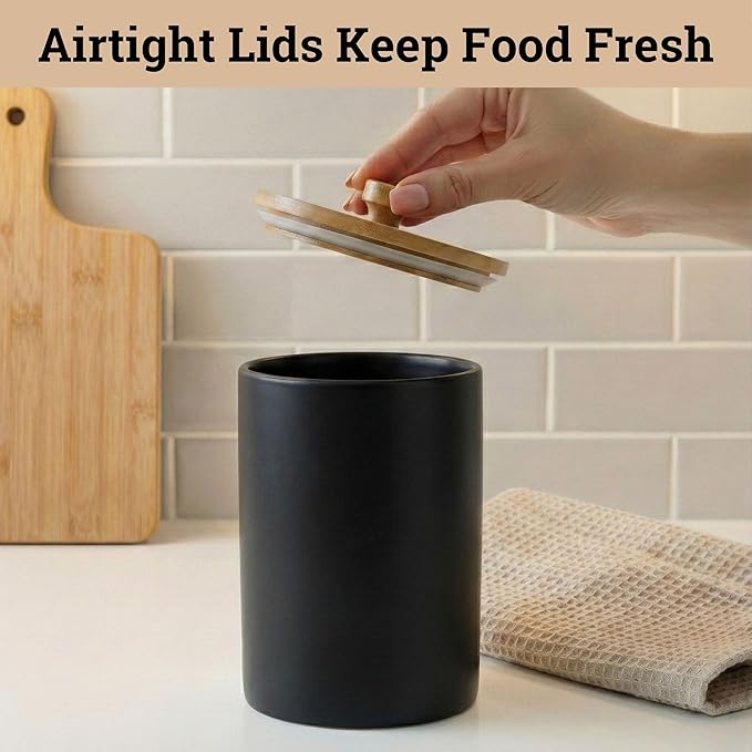 Ceramic Kitchen Canisters for Countertop Set of 3 with Airtight Bamboo Lids - Black Kitchen Canisters with Airtight Lids - Flour Sugar Canister Set - Flour and Sugar Containers Farmhouse - Coffee Jar
