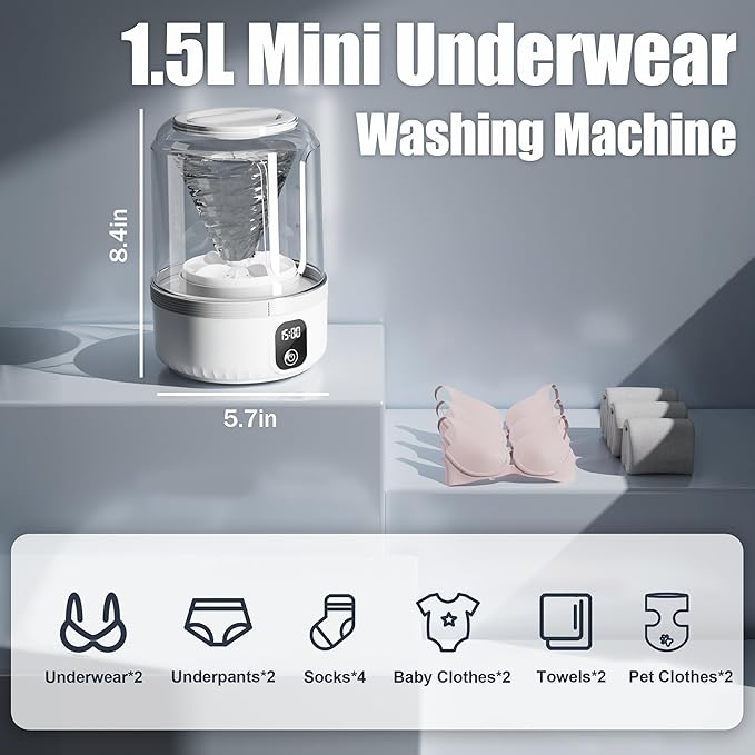 Underwear Washing Machine, Upgrade 1.5L Mini Portable Washing Machine Rechargeable Underwear Washer Deep Cleans Small Clothes for Apartment, Dorm, RV, Travel & Hotel Use (White)