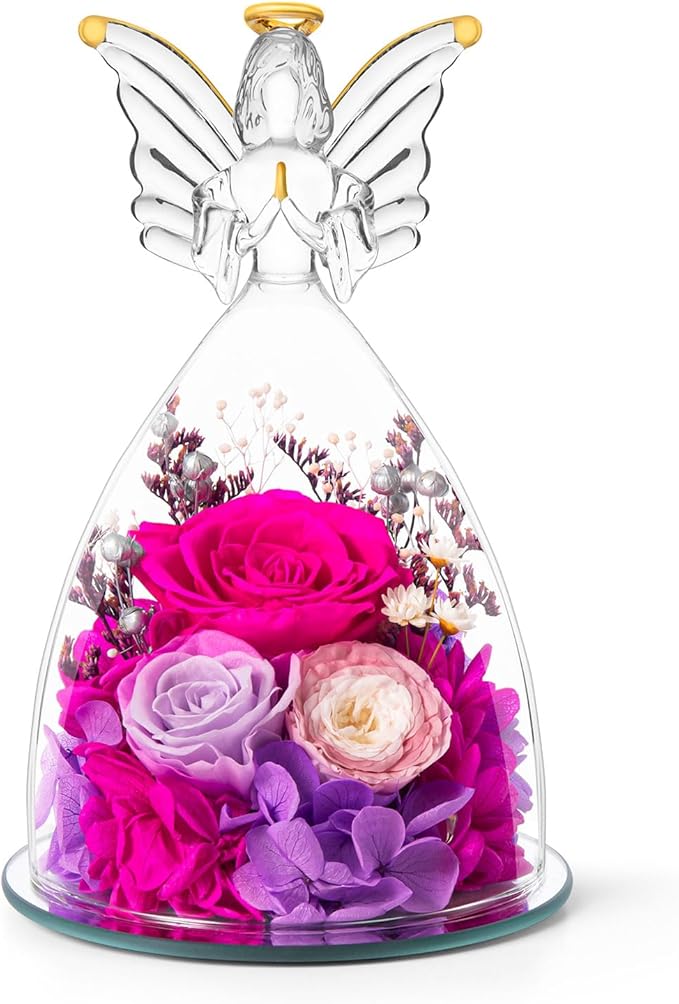 Mothers Day Roses Gifts for Mom Forever Preserved Real Roses Flowers in Glass Angel Figurines Fresh Flowers for Delivery for Grandma Women Mom Wife from Daughter/Rose