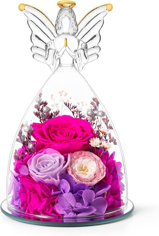 Mothers Day Roses Gifts for Mom Forever Preserved Real Roses Flowers in Glass Angel Figurines Fresh Flowers for Delivery for Grandma Women Mom Wife from Daughter/Rose