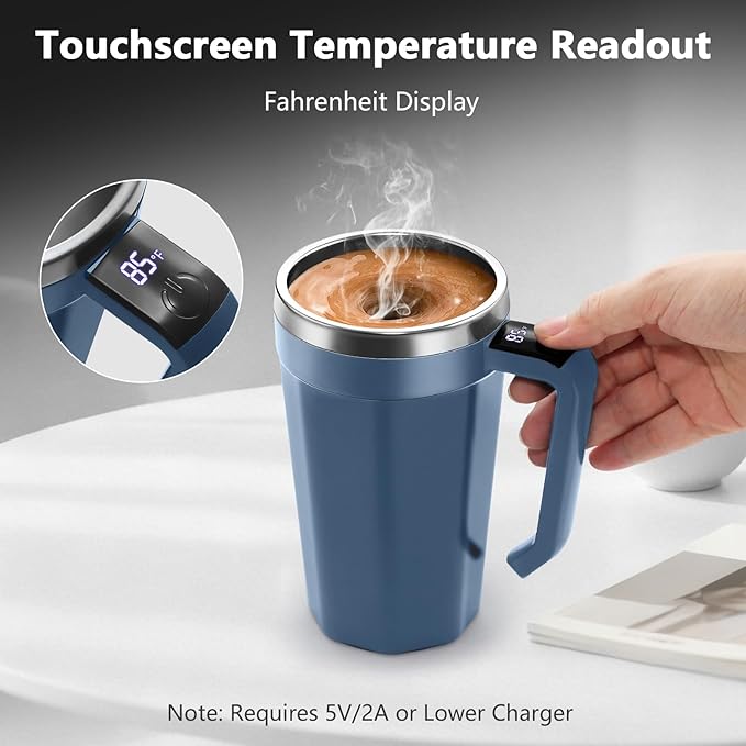 Self Stirring Coffee Mug with Temperature Display, 18 oz Rechargeable Self Stirring Mug with Lid, Automatic Self Stirring Cup, Coffee Mug with Stainless Steel for Coffee, Milk, Beverages, Blue