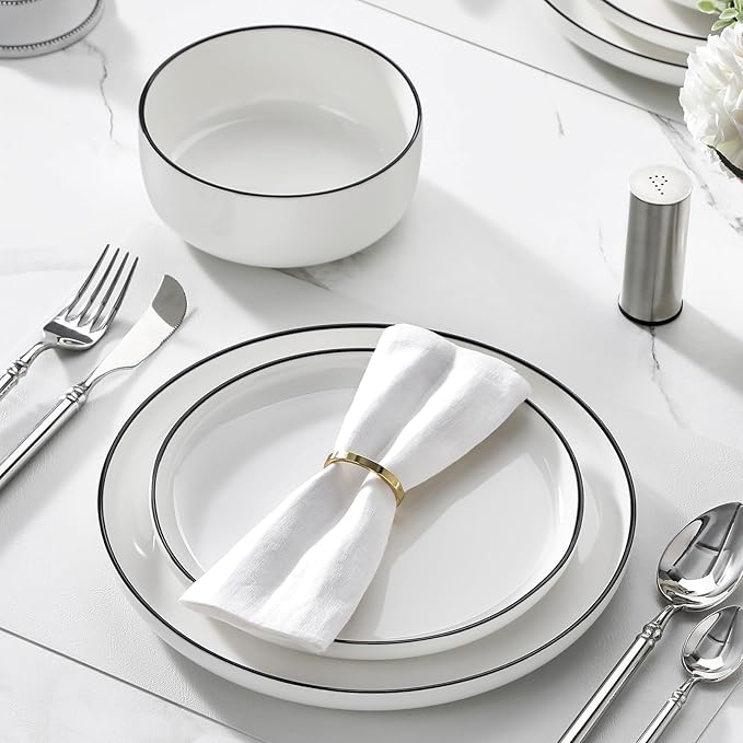 MALACASA Plates and Bowls Sets, 24 Pieces Modern Porcelain Dinnerware Set for 8 White Kitchen Dinner Dining Ware Set wtih Black Rim Ceramic Dishware Dishes Microwave and Dishwasher Safe, Series LUNA