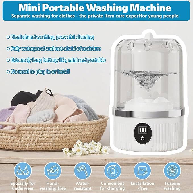 Portable Washing Machine, Underwear Washer, Small Washing Machines, Mini Washing Rechargeable Cordless Washing-Machine, Laundry Cup for Bra, Underwear, Socks (1 L capacity)