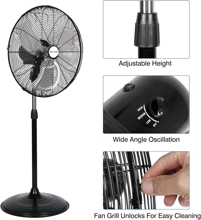 BILT HARD 5200 CFM 20" High-Velocity Industrial Pedestal Fan, 3-Speed Oscillating Stand Fan, Heavy Duty Metal Fan for Commercial, Warehouse, Garage Use