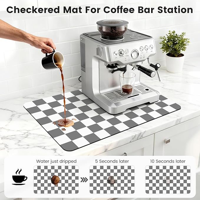16" x 24" Checkered Dish Drying Mat for Kitchen Counter, Absorbent Coffee Bar Mat for Espresso Machine Coffee Countertops Accessories, Grey