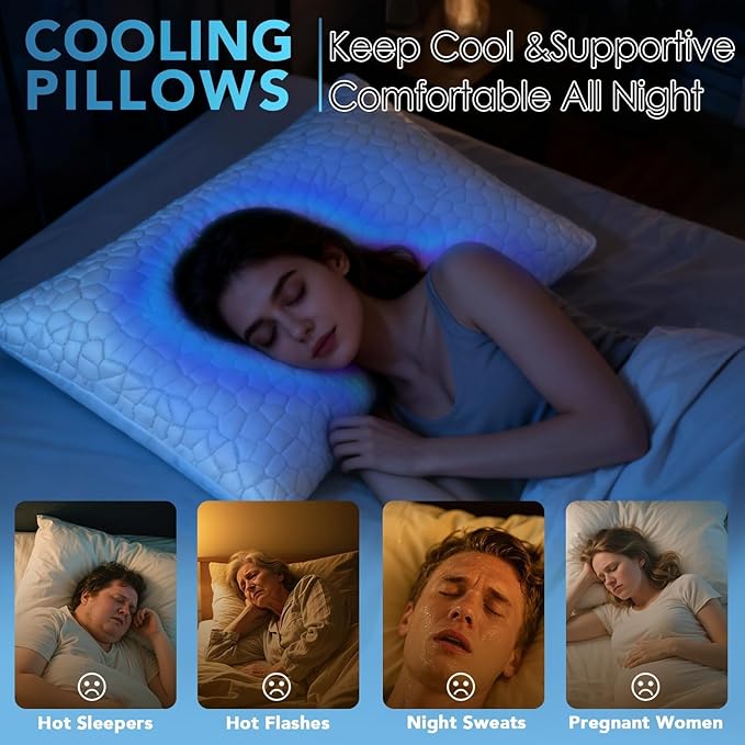 QUTOOL Cooling Pillow for Sleeping, CertiPUR-US Shredded Memory Foam King Pillow Set of 1, Cool Pillow for Hot Sleepers Adjustable Firm Pillow for Side, Back, Stomach Sleepers Soft Yet Support, White