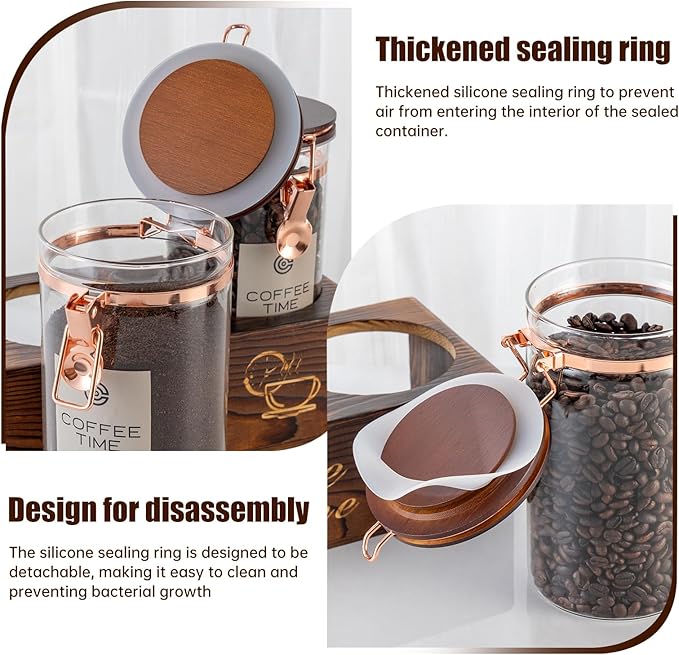 Glass Coffee Canister Set with Torched Wood Shelf, 2 Pack 45oz Airtight Storage Jars with Lids & Spoons, Large Kitchen Canisters for Coffee Beans, Sugar, Tea & Nuts