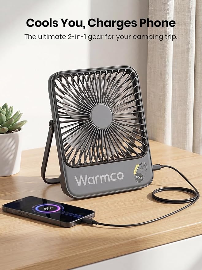 Warmco 10000mAh Portable Travel Fan 7-inch, Up to 24H Runtime, Ultra-thin Quiet Rechargeable Battery Operated Desk Fan with Digital Display for Camping, Office, Bedroom, Cruise Essentials