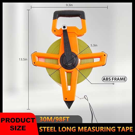1 Pcs 100ft/30m Open Reel Steel Long Tape Measure, Heavy Duty 1/2" Nylon-Coated Blade with Dual Inch & Metric Scale, Tape Measure for Construction, Surveying, Concrete Work, Orange