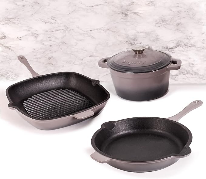 BergHOFF Neo 4Pc Enameled Cast Iron Cookware Set, Grill Pan 11 inches, Fry Pan 10 inches, 3qt. Dutch Oven, Matching Lid, Fast, Evenly Heat, Oven Safe (Oyster)