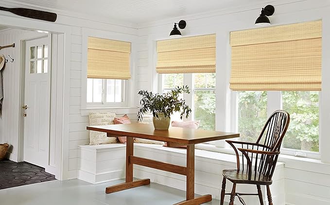 LazBlinds No Tools No Drill Cordless Bamboo Roman Shades, Privacy Window Treatment, Roll Up Bamboo Blinds for Windows 43'' W x 64'' H, Natural