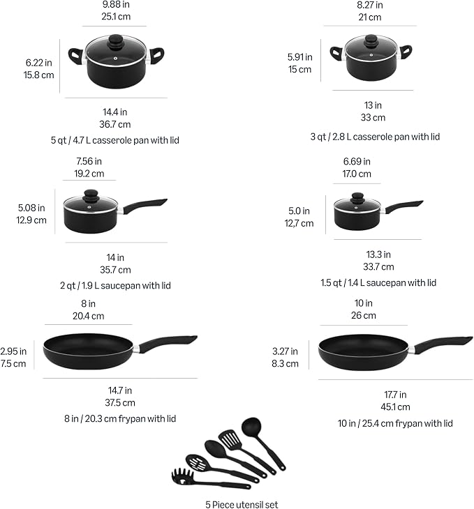 Amazon Basics Ceramic Non-Stick Cookware 15-Piece Set, Pots, Pans and Utensils, Black