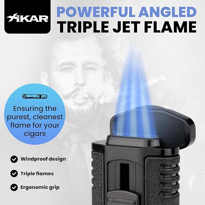 XIKAR Tactical Triple Jet Butane Torch Lighter – Refillable Butane Lighter with EZ-View Fuel Window, Wind Resistant Adjustable Flame, Pocket Clip – Premium Lighter for Outdoor Use – Black
