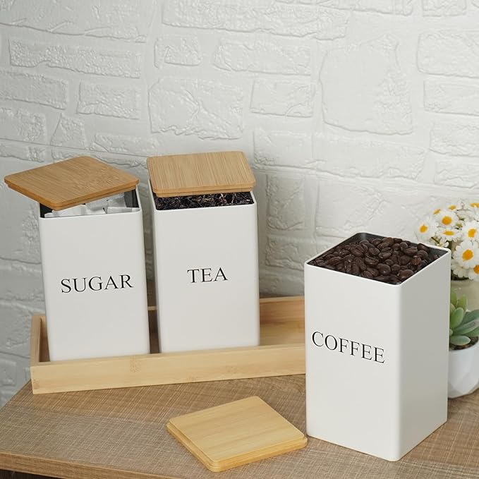 3Pcs Coffee Tea Sugar Container Set,White Iron Storage Tin with Bamboo Lid and Tray, Square Airtight Food Container Jars for Farmhouse Kitchen Dining Room Countertop Decor