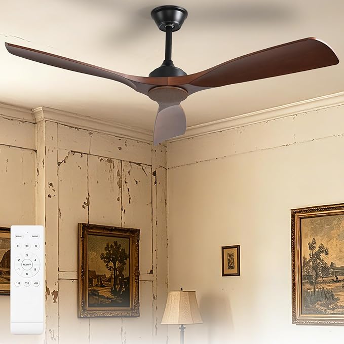 Ceiling Fan Without Light: 52 Inch Outdoor Fan for Patios - Walnut Ceiling Fan No Light Indoor - Modern 3 Blade Fan with Remote APP Control Reversible 6 Speed DC Motor