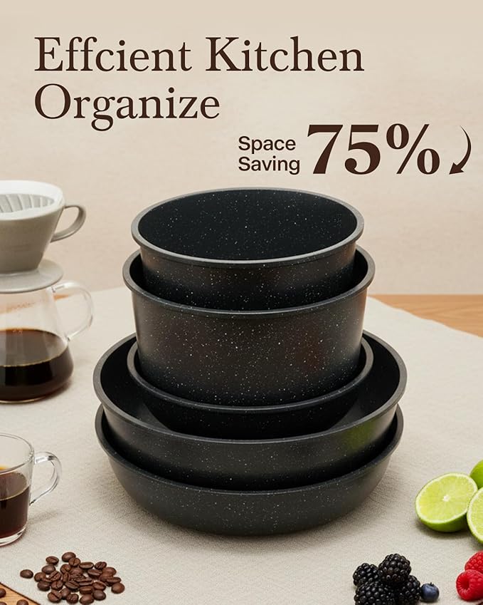 USELUCK 21Pcs Ceramic Pots and Pans Set Non Stick, Kitchen Cookware Set with Detachable Handles, Non Toxic Healthy Cooking Set, Induction Dishwasher Oven Safe, PTFE PFOA PFOS Free, Black