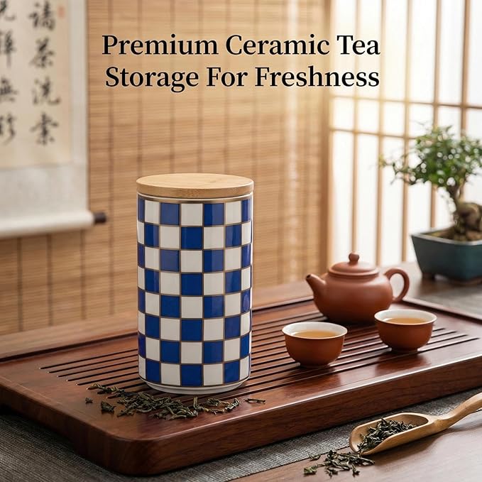 1 Piece Ceramic Coffee Canister, Airtight Coffee Container with Lid for Kitchen Storage (15.8x9cm, Blue Checkered)