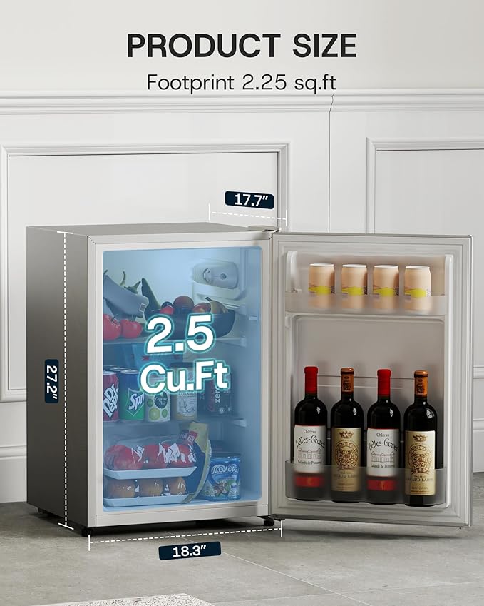 Upstreman 2.5 Cu.Ft All-Refrigerator Mini Fridge, Single Door Small Refrigerator, Dorm Fridge with 7 Adjustable Thermostat, Compact Refrigerator for Office, Bedroom or Dorm, Silver-CR26