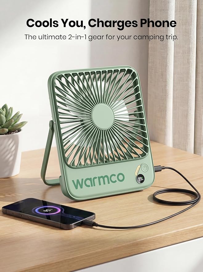 Warmco 10000mAh Portable Travel Fan 7-inch, Max 24H Runtime, Ultra-thin Quiet Rechargeable Battery Operated Desk Fan with Digital Display for Camping, Office, Bedroom, Cruise Essentials