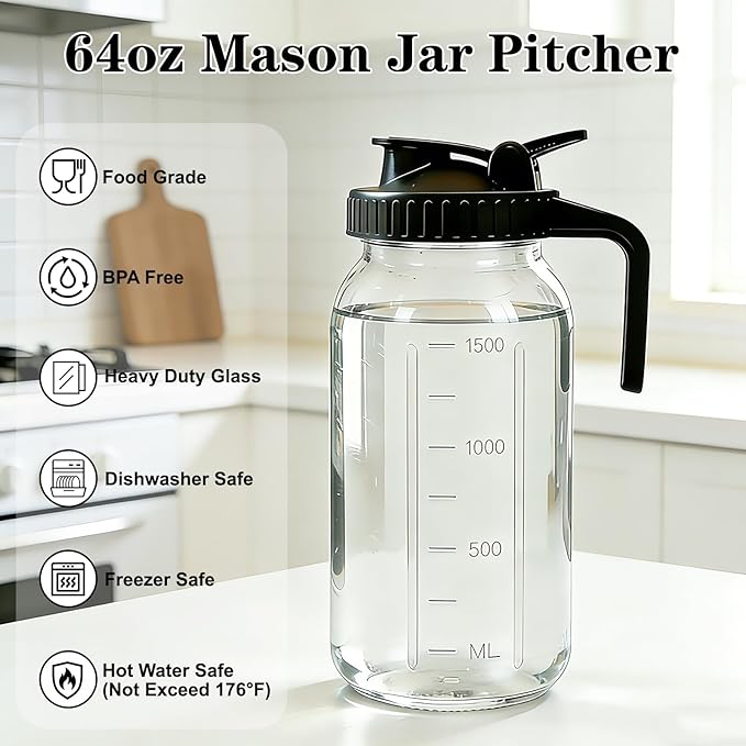 Cold Brew Coffee Maker, 64oz Mason Jar Pitcher with Airtight Lid and Stainless Steel Filter, 2 Quart Wide Mouth Glass Jar Cold Brew Coffee Kit Tea Infuser Pitcher, Coffee Lovers Gifts for Men/Women