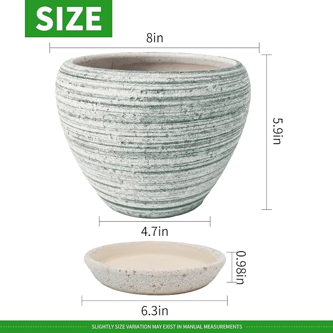 Deep Dream 8 Inch Plant Pots- Ceramic Pots for Plants with Drainage Hole and Saucer, Large Planter Pot for Indoor Plants Outdoor Decor, Brushed Green
