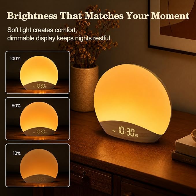 REACHER Wood Grain Sunrise Alarm Clock and Sound Machine Nightlight, Digital Dimmable Clock for Bedroom, 26 Sleep Sounds, White Noise Machine for Baby, Adults, Wake Up Light Alarm Clock for Kids