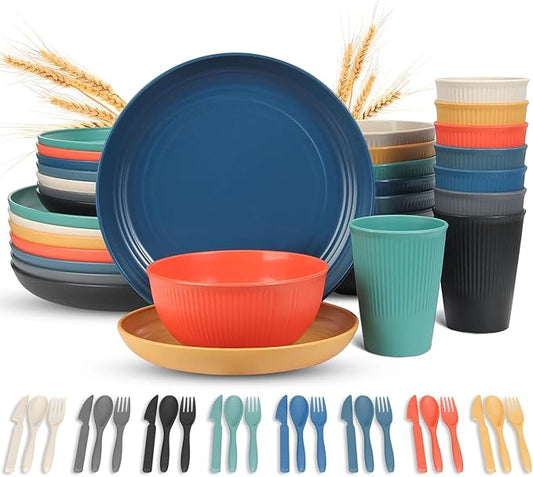 LAERJIN 56 Piece Wheat Straw Dinnerware Sets, Service for 8, Unbreakable Reusable Dinnerware Set,Dishwasher & Microwave Safe Plates and Bowls Sets, for Apartment Essentials, Outdoor Camping, Colourful