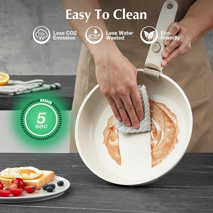 White Non-Stick Ceramic Cookware Set, 5-Piece Pots and Pans Set with Detachable Handles, Perfect for Everyday Cooking, RV Camping, and Compact Kitchens, Induction Compatible, PFOA & PTFE Free