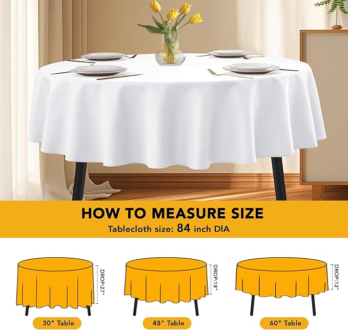 10-Pack White Round Tablecloths, 84 Inches, Stain-Resistant Polyester for 3-5 Ft Round Tables - Washable Table Covers for Weddings, Banquets, Birthday Parties, Events