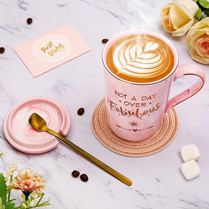 Funny Birthday Gifts for Women - 14Oz Not a Day Over Fabulous Coffee Mug Printed with Gold, Happy Birthday Gift Ideas for Her Bday, Mom, Sister, Best Friends Female, Christmas Ceramic Cup Gift, Pink