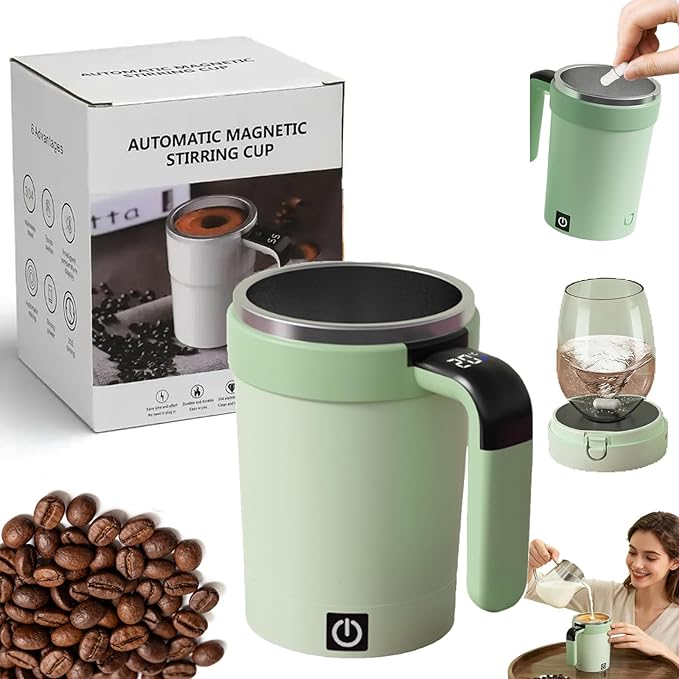 Automatic Self Stirring Coffee Mug Rechargeable, Mixing Cup with Temperature Display, Travel Cup with Lid, Hot Beverage Warmer, Gift for Home Office Kitchen Travel Birthday Christmas Gift (Green)