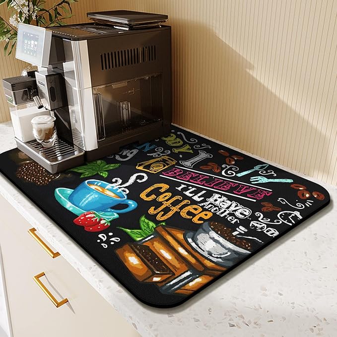 Coffee Bar Mat Accessories for Countertop Absorbent Hide Stain Rubber Backed Dish Drying Mats for Kitchen Counter Draining Pad Decor Gift (24x16in)