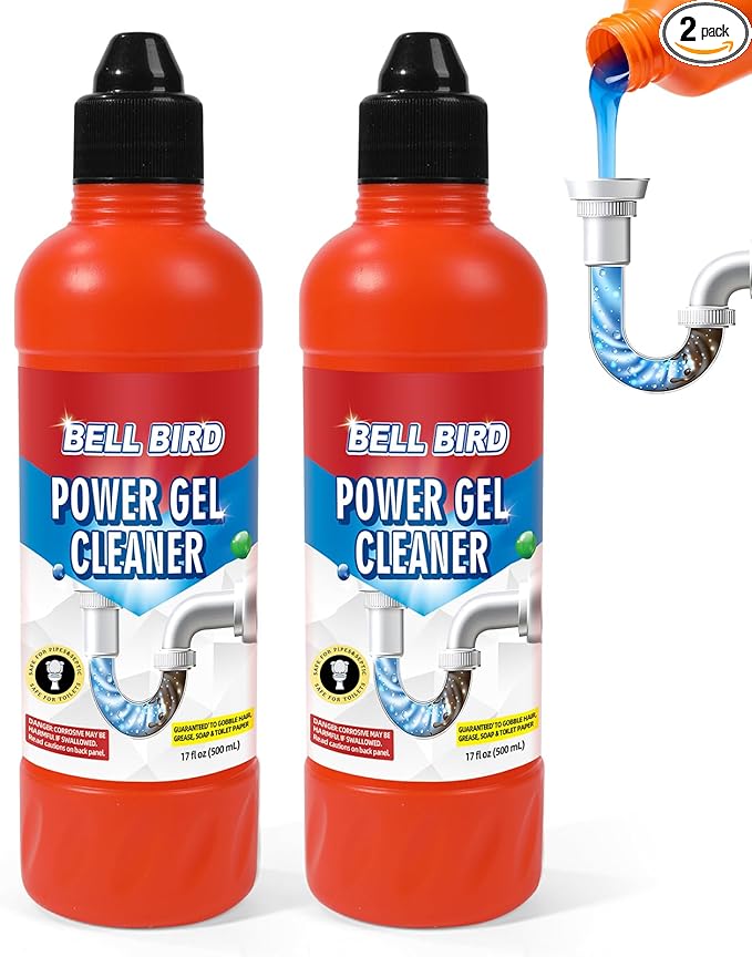 Bell Bird Drain Clog Remover & Pipe Cleaner - Thick Power Gel Dissolves Hair, Grease, and Soap Scum - Septic Safe Odor Eliminator for Kitchen Sinks, Tubs, Showers & Toilets (Pack of 2)