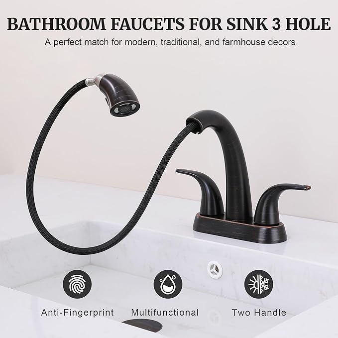 Ultimate Unicorn Bathroom Sink Faucet with Sprayer- 4 Inch Oil Rubbed Bronze Centerset Pull Down Vanity Faucets 3 Hole with Pop Up Drain - Two Handle Modern Washbasin Tap Set for Rv Lavatory Restroom