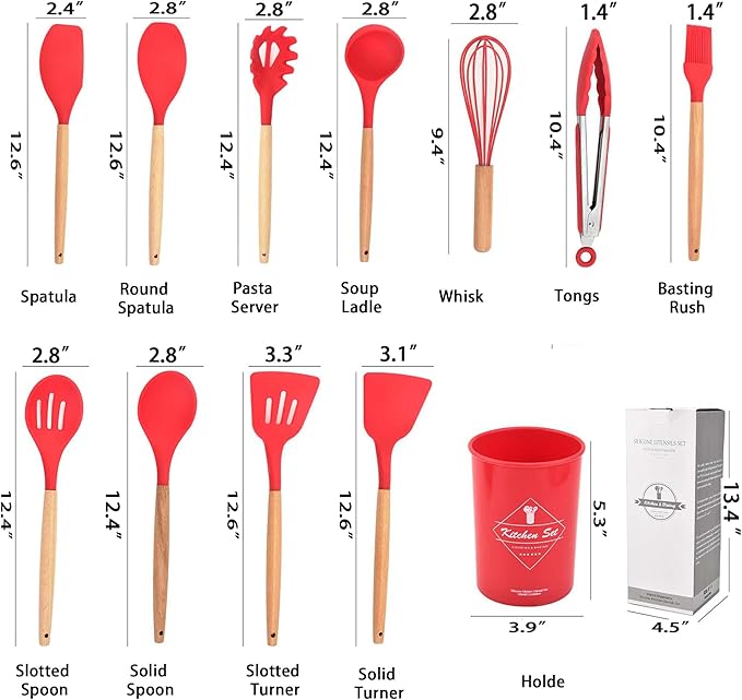 Silicone Kitchen Utensils Set, 12-piece Cooking Utensils Set Non-stick Cookware Is Heat-resistant, BPA-Free, Cooking Tools, Stirring Kitchen Tool Set (Red Kitchen Utensils)