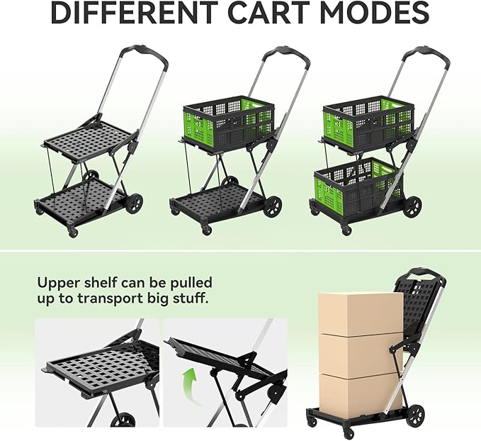 Collapsible Shopping Cart with Wheels,2 Tier Multi Use Foldable Shopping Cart with 2 Storage Crates,Folding Shopping Trolley Utility Cart for Office,Groceries, Warehouse,Supermarket,Picnic (Green)