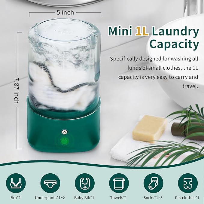 Mini Portable Washing Machine - USB Rechargeable 1L Small Washer with 2 Modes Deep Cleaning for Underwear, Socks & Baby Clothes, Compact Travel Laundry for Apartment, Dorm, Camping, Green
