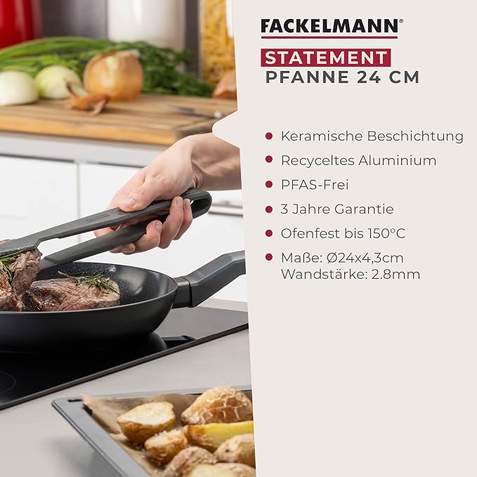 Fackelmann STATEMENT 24cm Frying Pan, Recycled Aluminium, Non-Stick PFAS Free Ceramic Coating, Honeycomb Base Structure, Comfort Grip Handle, All Stoves Including Induction, 42.5x24x4.3cm, Ash Grey