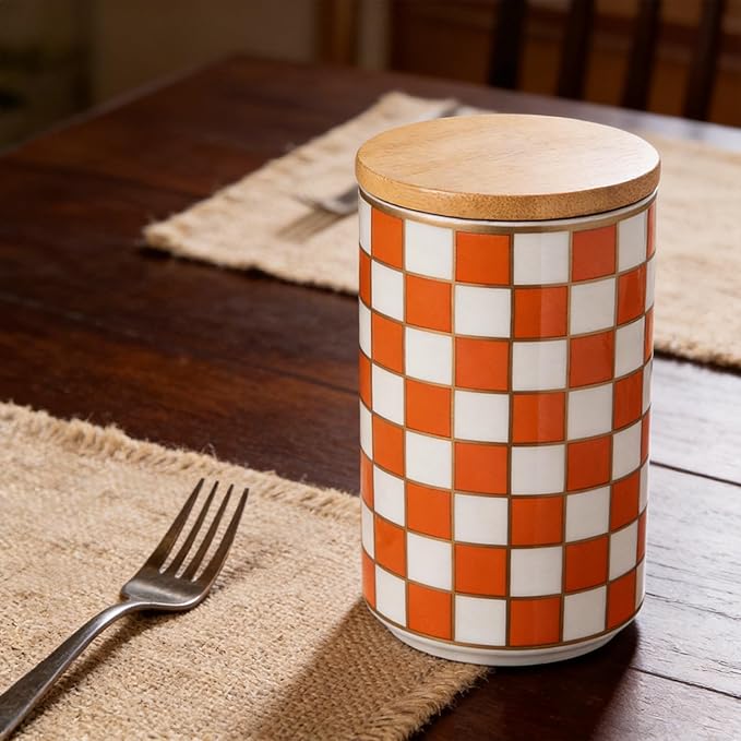 Kitchen Countertop Ceramic Checkered Canisters,Black And White Food Storage Containers With Lid,Airtight Kitchen Canisters for Flour, Sugar, Coffee, Tea, and Dry Goods (Orange, Large)
