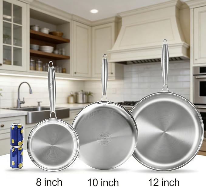 Tri-ply Stainless Steel Frying Pan 12 Inch Large Skillet for Chef's Cooking Pan Induction Oven Dishwasher Safe, Compatible with All Cooktops Up to 600℉ with Kitchen Tongs(Detachable Handle)