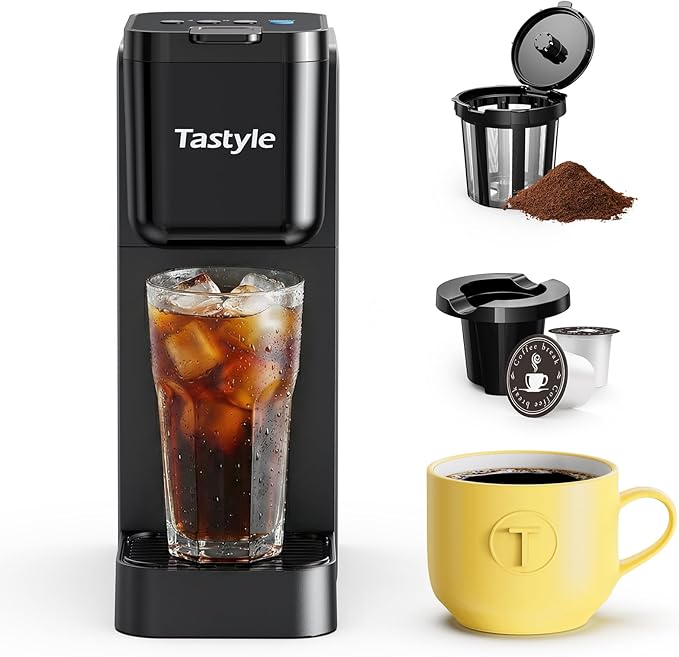 Tastyle Single Serve Coffee Maker for K Cup and Ground Coffee | Brew up to 16 Oz, Fits 7.3'' Travel Mug | Hot, Bold & Over Ice | Compact for Office, RV& Hotel, Classic Black (3.0 Version)