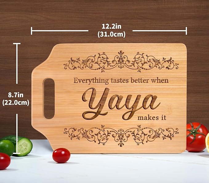 AceThrills Yaya Gifts, Yaya Mothers Day Gift for Yaya's Birthday - Engraved Bamboo Cutting Board 12.3"L × 8.7"W × 0.4"Th