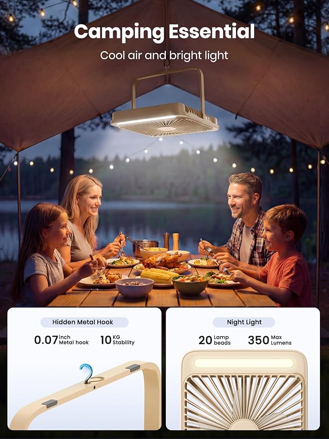 Warmco 20000mAh Battery Powered Fan, 8-Inch Ultra-Slim Portable Camping Fan with LED Lantern, Up to 48H Runtime Rechargeable Desk Fan for Bedroom, Outdoor, Tent, Travel, Cruise Ship Essentials