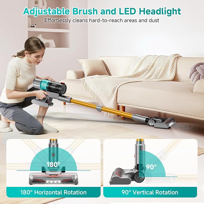 Cordless Vacuum Cleaner:Portable 6-in-1 Stick Vacuum with Anti-Tangle Brush | LED Headlight, Self-Standing, HD Display, Rechargeable Vacuum for Pet Hair, Low-Pile Carpet and Hardwood Floor-Green