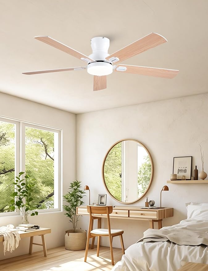 Ceiling Fans with Lights, 52 inch Low Profile Ceiling Fan with Light and Remote/APP Control, Modern Flush Mount Ceiling Fan for Indoor Bedroom Living Room, Dimmable, Qiuet DC Motor, White