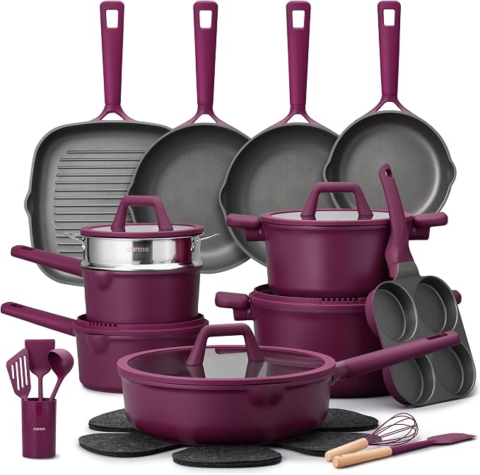 CAROTE 31pcs Pots and Pans Set, Nonstick Cookware Set | Induction Kitchen Set, Durable Coating, Easy Clean, Fit All Stovetops, Even Heating, Purple