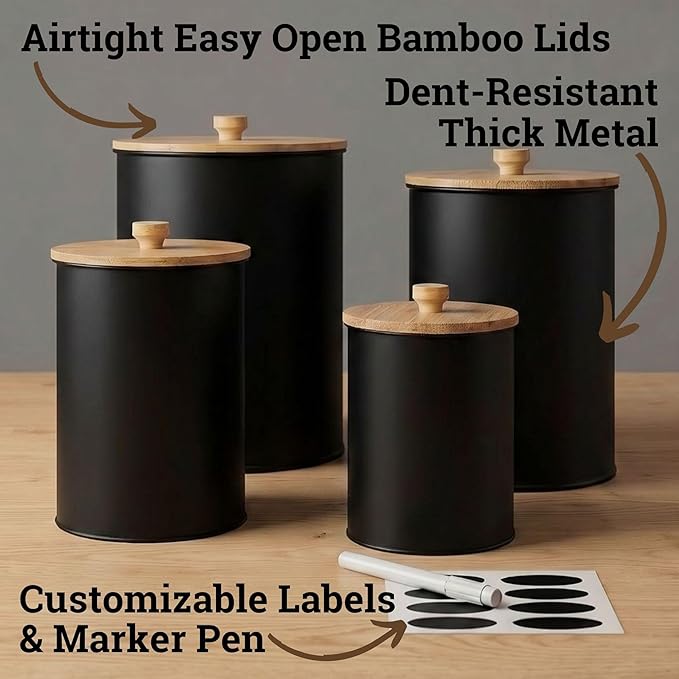 Kitchen Canisters for Countertop Set of 4 with Customizable Chalkboard Labels & Marker Pen - Big Iron Kitchen Canisters with Airtight Lids - Black Canister Set - Flour and Sugar Containers Farmhouse